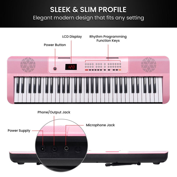 Karrera 61 Key Electronic Piano Keyboard With Led And Folding Stand In Pink Electronic Keyboards