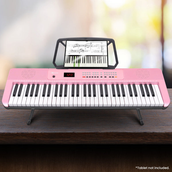 Karrera 61 Key Electronic Piano Keyboard With Led And Folding Stand In Pink Electronic Keyboards