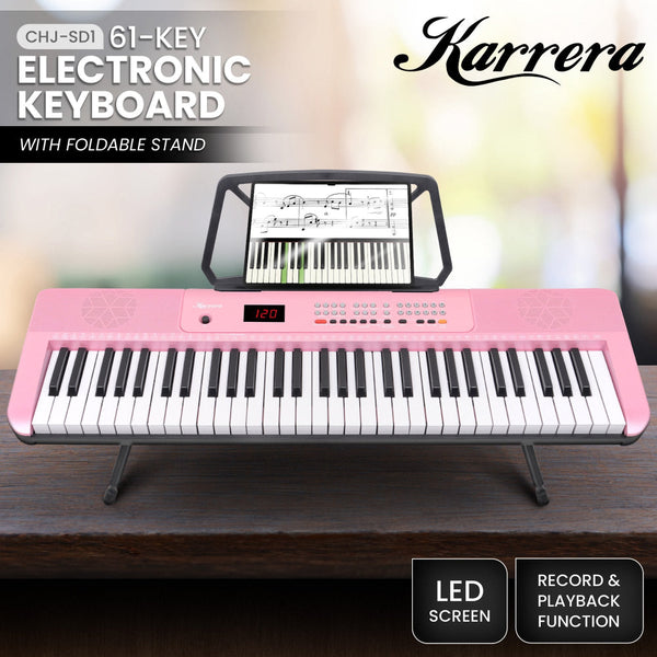 Karrera 61 Key Electronic Piano Keyboard With Led And Folding Stand In Pink Electronic Keyboards