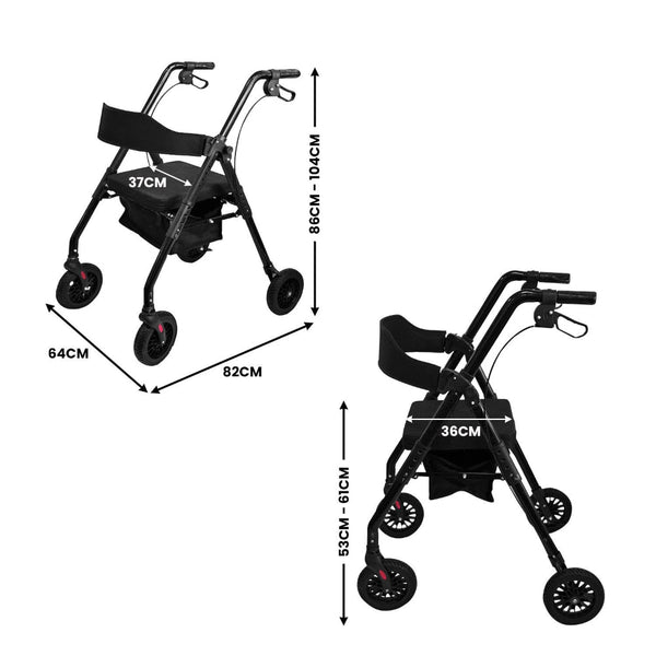 Orthonica Foldable Mobility Steel Rollator 136Kg Max Capacity Black Walkers & Canes