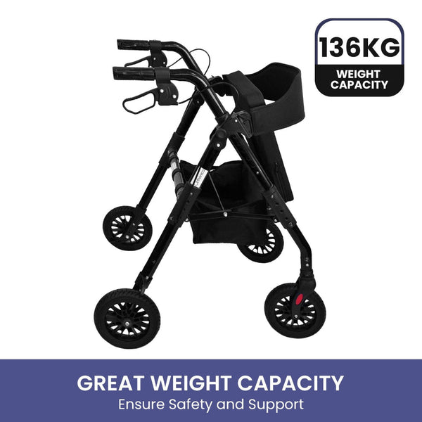 Orthonica Foldable Mobility Steel Rollator 136Kg Max Capacity Black Walkers & Canes