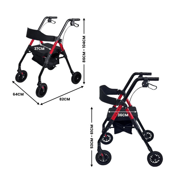 Orthonica Foldable Mobility Steel Rollator 136Kg Max Capacity Red Walkers & Canes