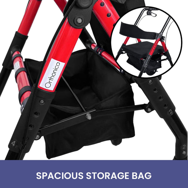 Orthonica Foldable Mobility Steel Rollator 136Kg Max Capacity Red Walkers & Canes