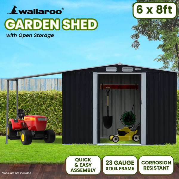 Wallaroo Zinc Steel Garden Shed With Open Storage Black 6X8ft Outdoor Structure Sheds Summerhouses Carports