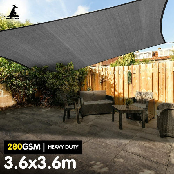 Wallaroo 280Gsm Outdoor Sun Shade Sail Canopy Grey Square 3.6M X Shade Sails