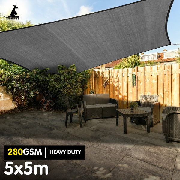 Wallaroo 280Gsm Outdoor Square Sun Shade Sail Canopy Grey 5M X Shade Sails