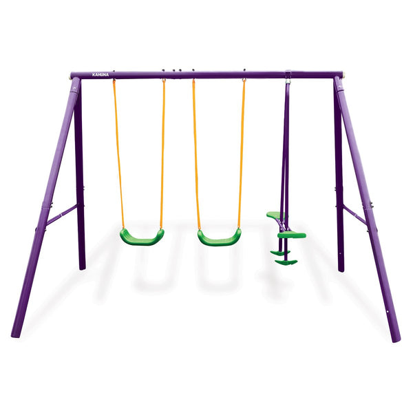 Kids 4 Seater Swing Set Purple Green Outdoor Swings