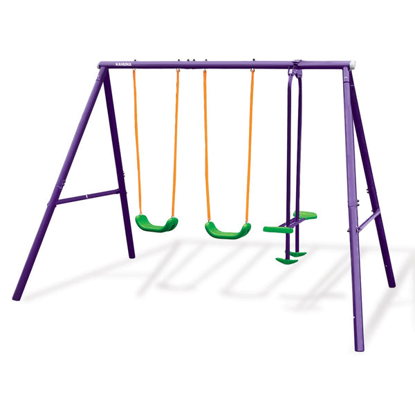 Kids 4 Seater Swing Set Purple Green Outdoor Swings