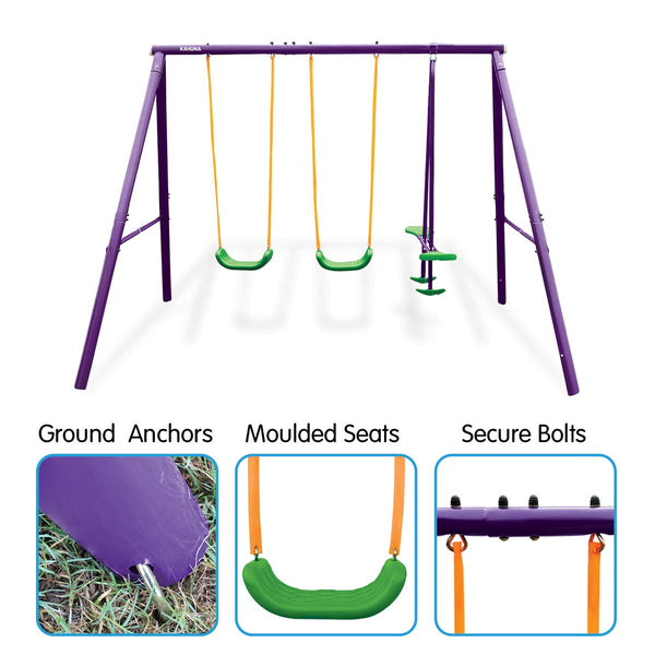 Kids 4 Seater Swing Set Purple Green Outdoor Swings