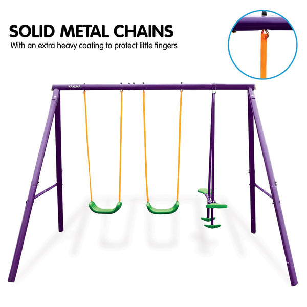 Kids 4 Seater Swing Set Purple Green Outdoor Swings