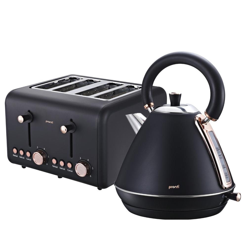 Pronti Rose Trim Collection Toaster & Kettle Bundle Black Toasters