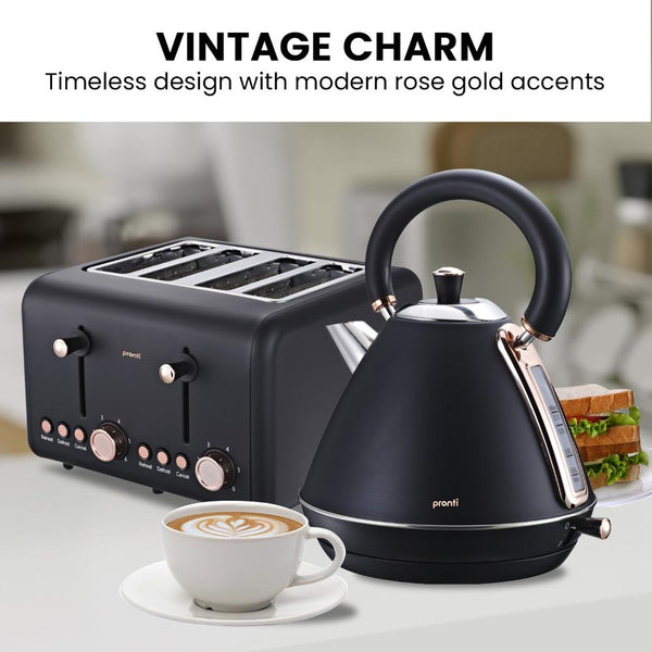 Pronti Rose Trim Collection Toaster & Kettle Bundle Black Toasters