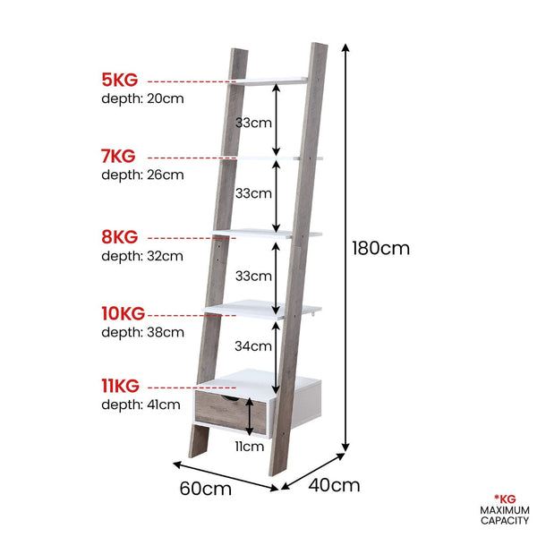 Sarantino Mira 5 Tier Ladder Shelf In White And Grey Oak Ladders