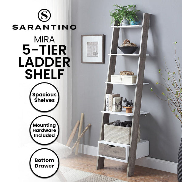 Sarantino Mira 5 Tier Ladder Shelf In White And Grey Oak Ladders