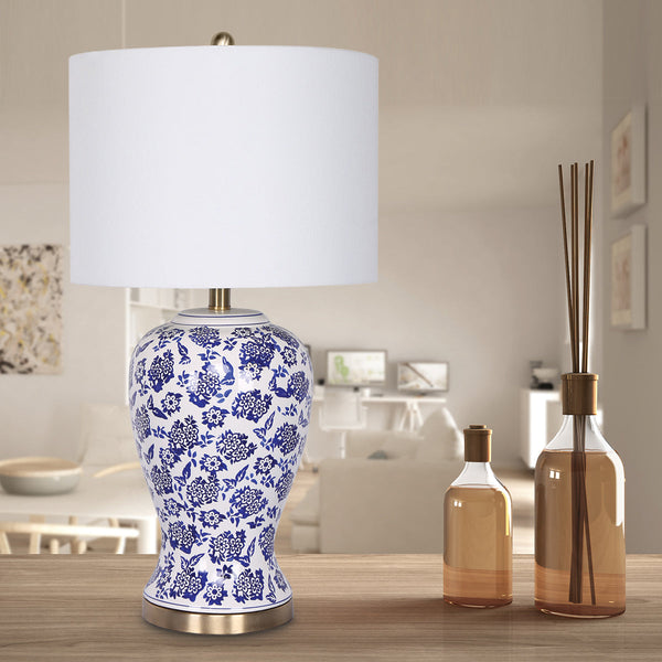 Sarantino Table Lamp Ceramic Floral Base Cotton Drum Shade Lamps
