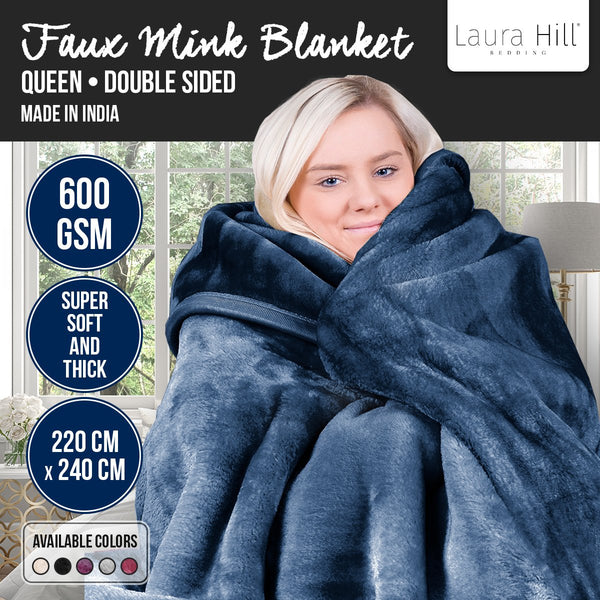 Laura Hill Faux Mink Blanket Queen Size Double Sided Throw Rug Blue Bedding Blankets