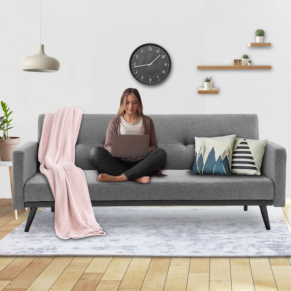 Sarantino Tufted Faux Linen 3 Seater Sofa Bed With Armrests Light Grey Furniture Sofa Beds