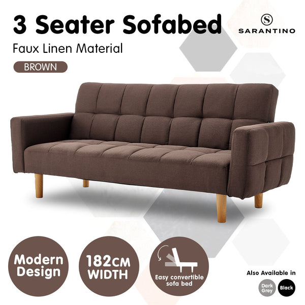 Sarantino 3 Seater Fabric Sofa Bed Futon Brown Sofa Beds