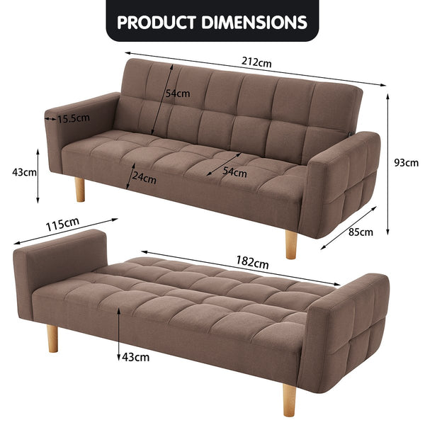 Sarantino 3 Seater Fabric Sofa Bed Futon Brown Sofa Beds