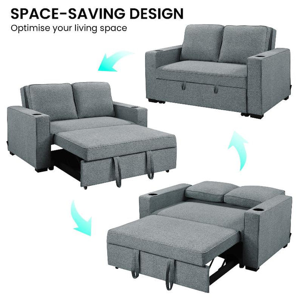 Sarantino Hoffman Linen Sofa Bed With Cushions & Cup Holders Dark Grey Sofa Beds