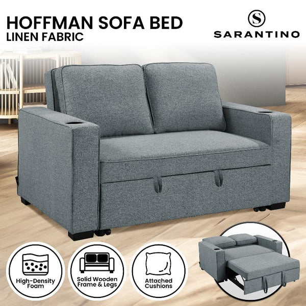 Sarantino Hoffman Linen Sofa Bed With Cushions & Cup Holders Dark Grey Sofa Beds