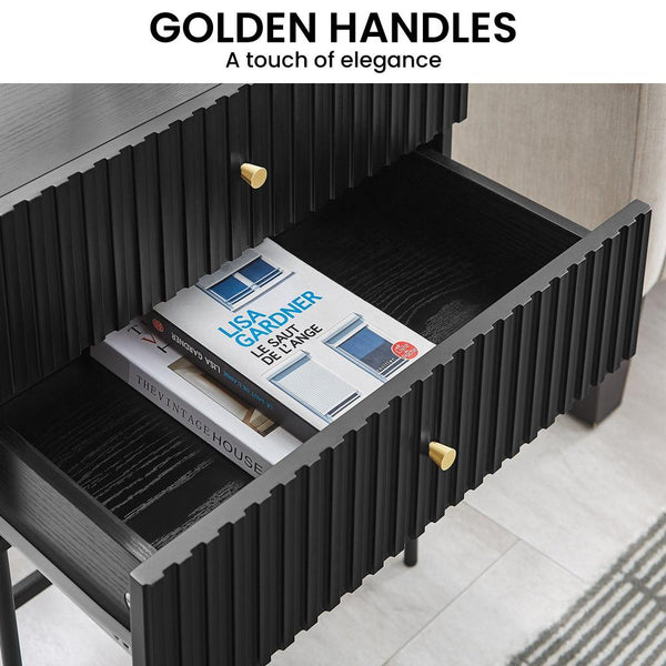 Sarantino Arden Fluted 2 Drawer Bedside Table Night Stand Black Bedside Tables