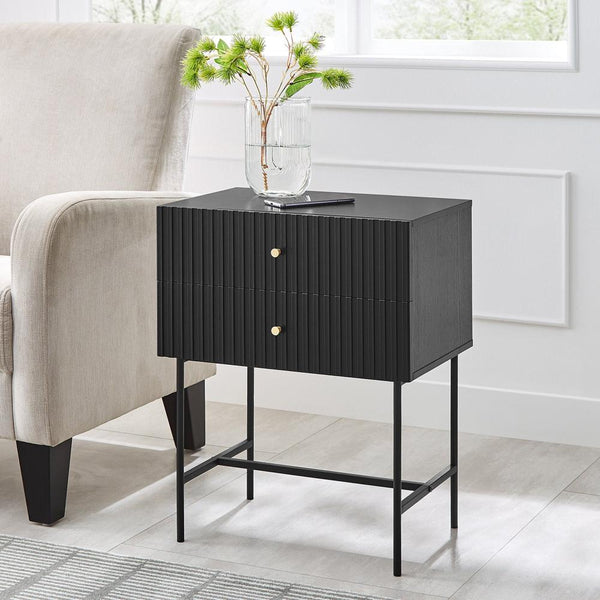 Sarantino Arden Fluted 2 Drawer Bedside Table Night Stand Black Bedside Tables