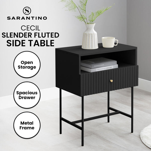 Sarantino Cecil Slender Fluted Bedside Table In Black Bedside Tables