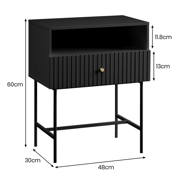 Sarantino Cecil Slender Fluted Bedside Table In Black Bedside Tables