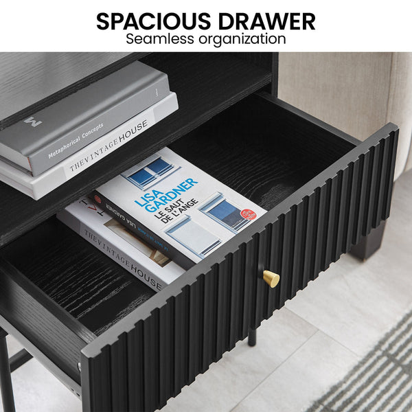 Sarantino Cecil Slender Fluted Bedside Table In Black Bedside Tables