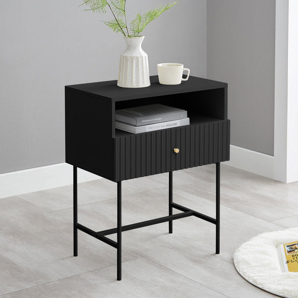 Sarantino Cecil Slender Fluted Bedside Table In Black Bedside Tables