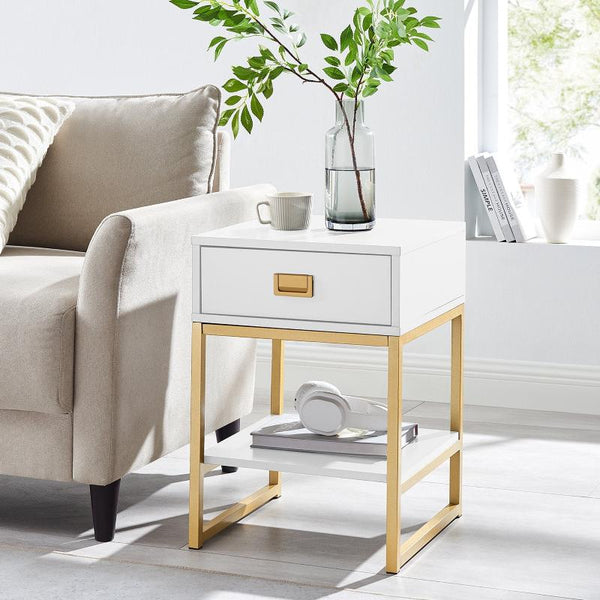 Sarantino Alessia Bedside Table In White/Gold Bedside Tables