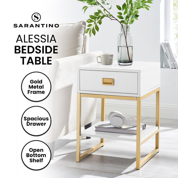 Sarantino Alessia Bedside Table In White/Gold Bedside Tables