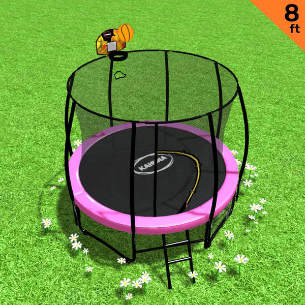 Kahuna 8Ft Outdoor Trampoline Kids Children With Safety Enclosure Mat Pad Net Ladder Basketball Hoop Set Pink Trampolines