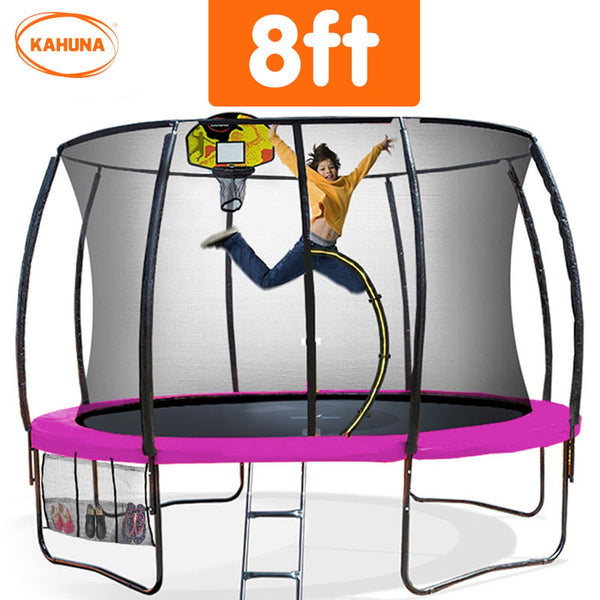 Kahuna 8Ft Outdoor Trampoline Kids Children With Safety Enclosure Mat Pad Net Ladder Basketball Hoop Set Pink Trampolines
