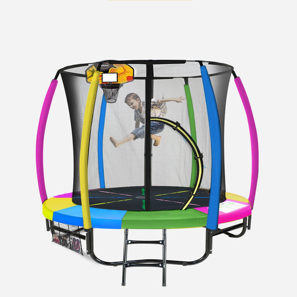 8Ft Outdoor Trampoline Kids Children With Safety Enclosure Mat Pad Net Ladder Basketball Hoop Set Rainbow Trampolines