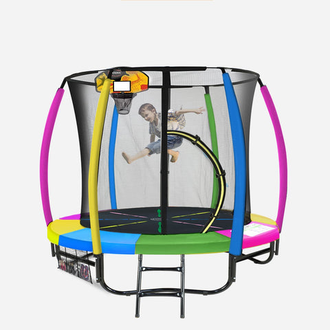 8Ft Outdoor Trampoline Kids Children With Safety Enclosure Mat Pad Net Ladder Basketball Hoop Set Rainbow Trampolines