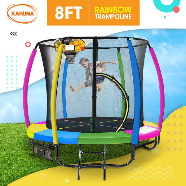 8Ft Outdoor Trampoline Kids Children With Safety Enclosure Mat Pad Net Ladder Basketball Hoop Set Rainbow Trampolines