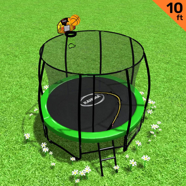 Kahuna 10Ft Outdoor Trampoline With Safety Enclosure Pad Ladder Basketball Hoop Set Green Trampolines