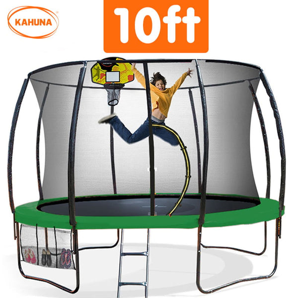 Kahuna 10Ft Outdoor Trampoline With Safety Enclosure Pad Ladder Basketball Hoop Set Green Trampolines