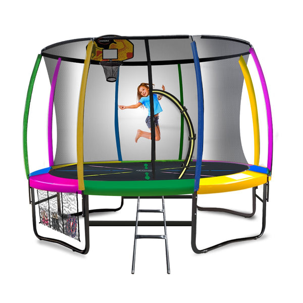 Kahuna 10Ft Outdoor Trampoline Kids Children With Safety Enclosure Pad Mat Ladder Basketball Hoop Set Rainbow Trampolines