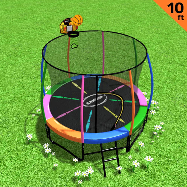 Kahuna 10Ft Outdoor Trampoline Kids Children With Safety Enclosure Pad Mat Ladder Basketball Hoop Set Rainbow Trampolines