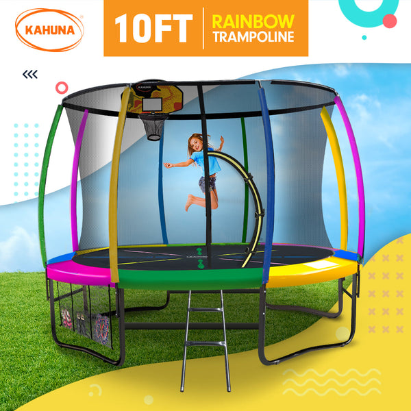 Kahuna 10Ft Outdoor Trampoline Kids Children With Safety Enclosure Pad Mat Ladder Basketball Hoop Set Rainbow Trampolines