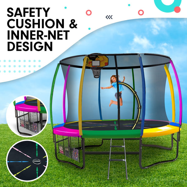 Kahuna 10Ft Outdoor Trampoline Kids Children With Safety Enclosure Pad Mat Ladder Basketball Hoop Set Rainbow Trampolines