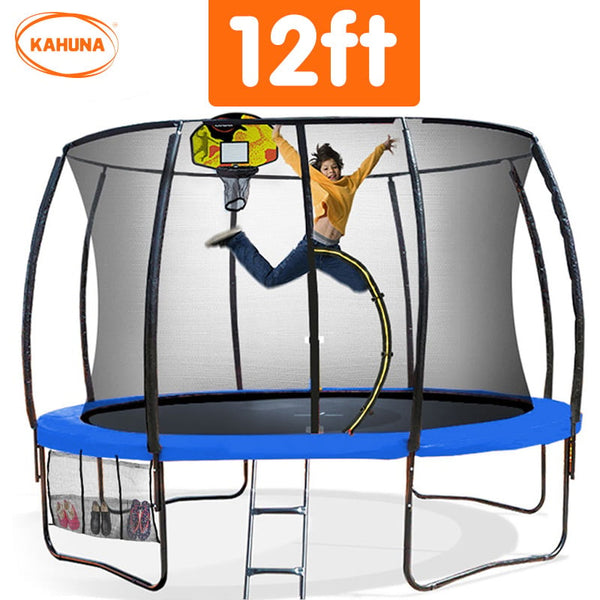 Kahuna 12Ft Outdoor Trampoline Kids Children With Safety Enclosure Pad Mat Ladder Basketball Hoop Set Blue Trampolines