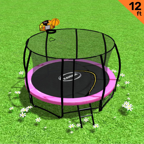 Kahuna 12Ft Outdoor Trampoline Kids Children With Safety Enclosure Pad Mat Ladder Basketball Hoop Set Pink Trampolines