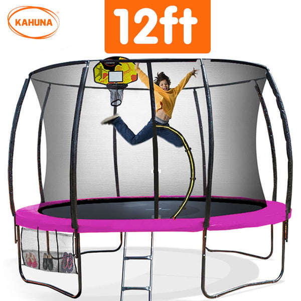 Kahuna 12Ft Outdoor Trampoline Kids Children With Safety Enclosure Pad Mat Ladder Basketball Hoop Set Pink Trampolines