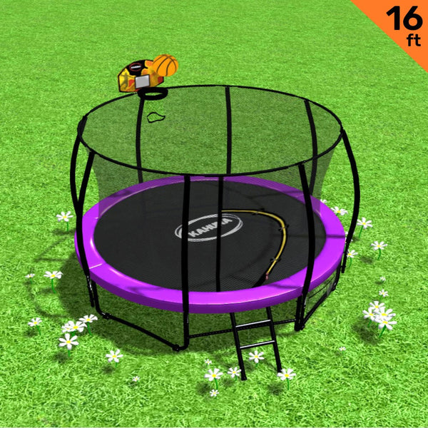 Kahuna 16Ft Outdoor Trampoline Kids Children With Safety Enclosure Pad Mat Ladder Basketball Hoop Set Purple Trampolines