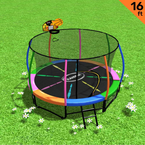 Kahuna 16Ft Outdoor Trampoline Kids Children With Safety Enclosure Pad Mat Ladder Basketball Hoop Set Rainbow Trampolines