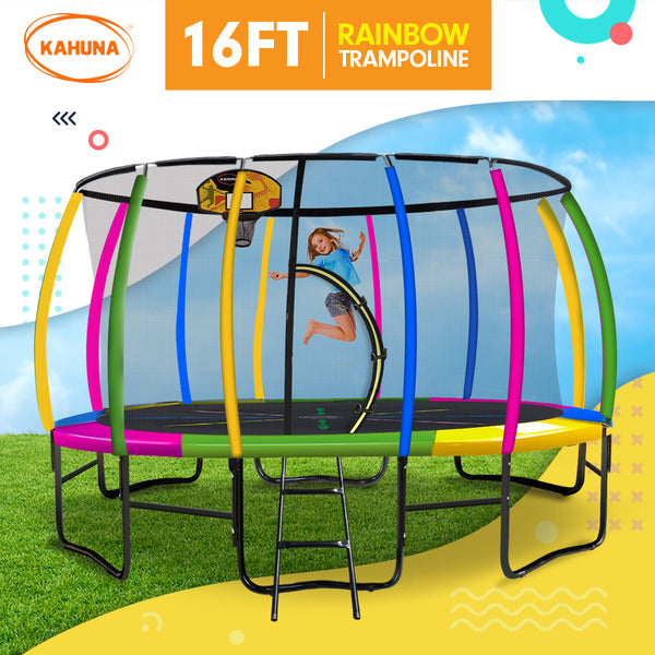 Kahuna 16Ft Outdoor Trampoline Kids Children With Safety Enclosure Pad Mat Ladder Basketball Hoop Set Rainbow Trampolines